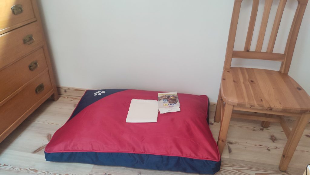 Hundeschlafplatz in einer Ferienwohnung während einer Weitwanderung mit Hund