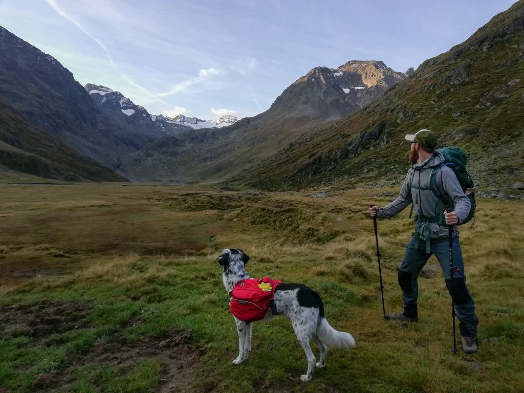 Wanderer mit Hund im alpinen Hochtal im Ötztal